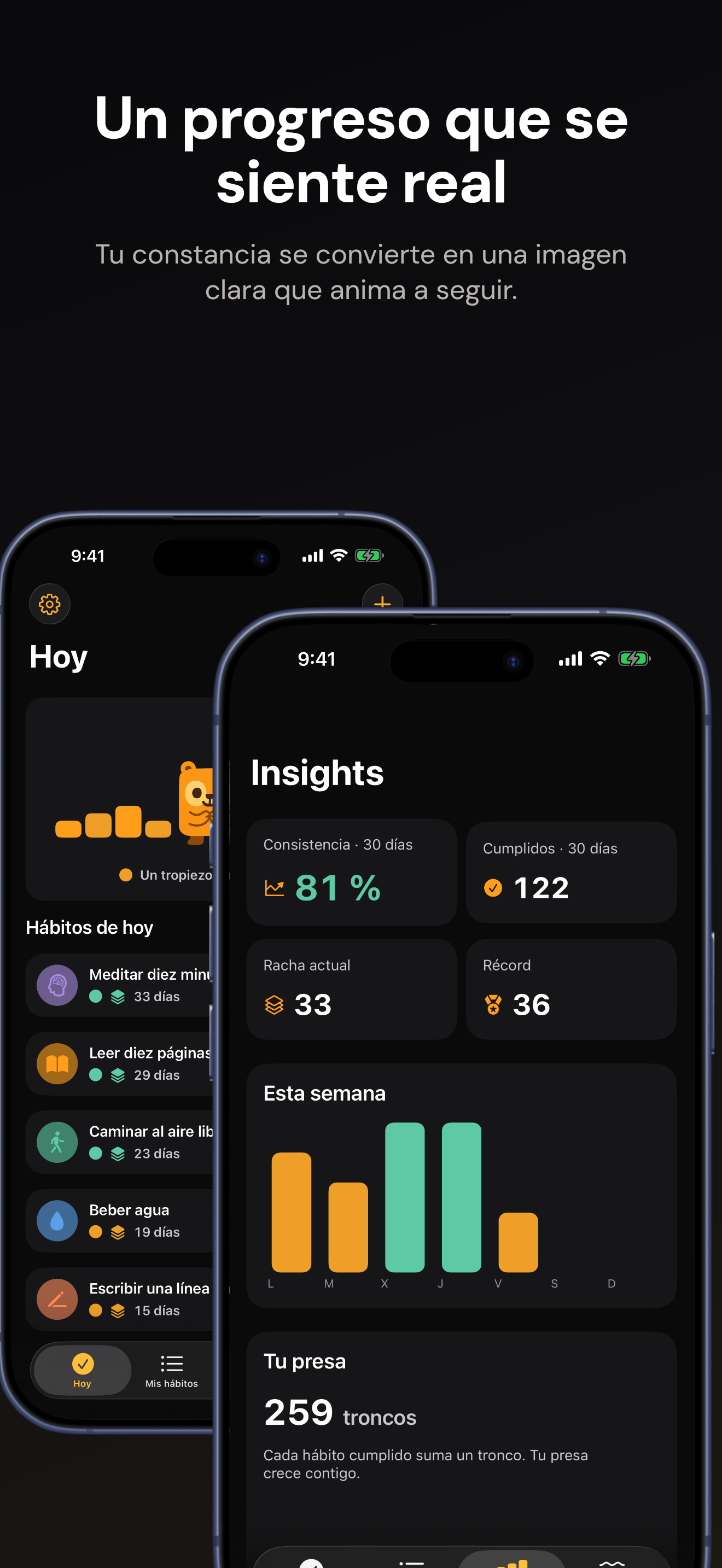 Pantalla Insights de Beavo con consistencia, rachas e historial