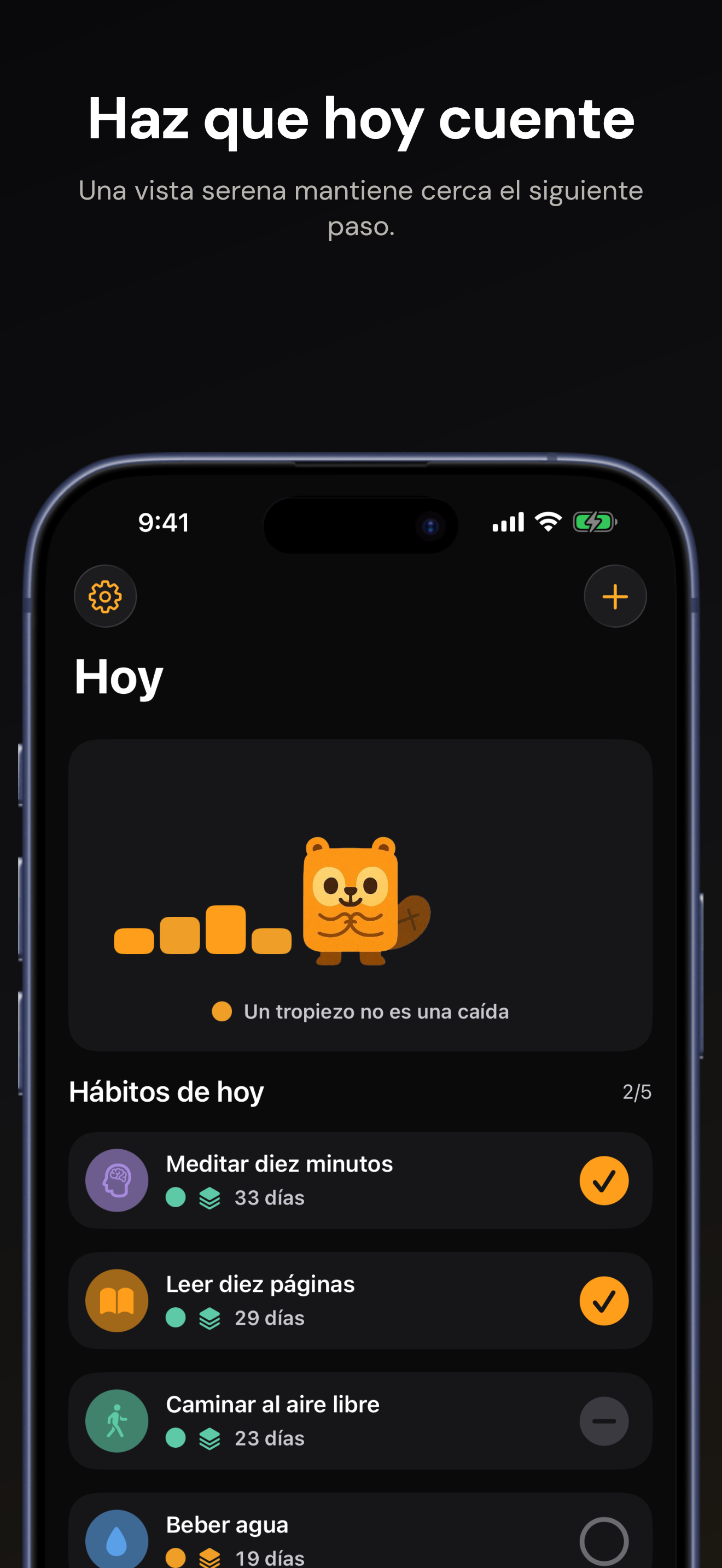 Pantalla Hoy de Beavo con hábitos y progreso diario